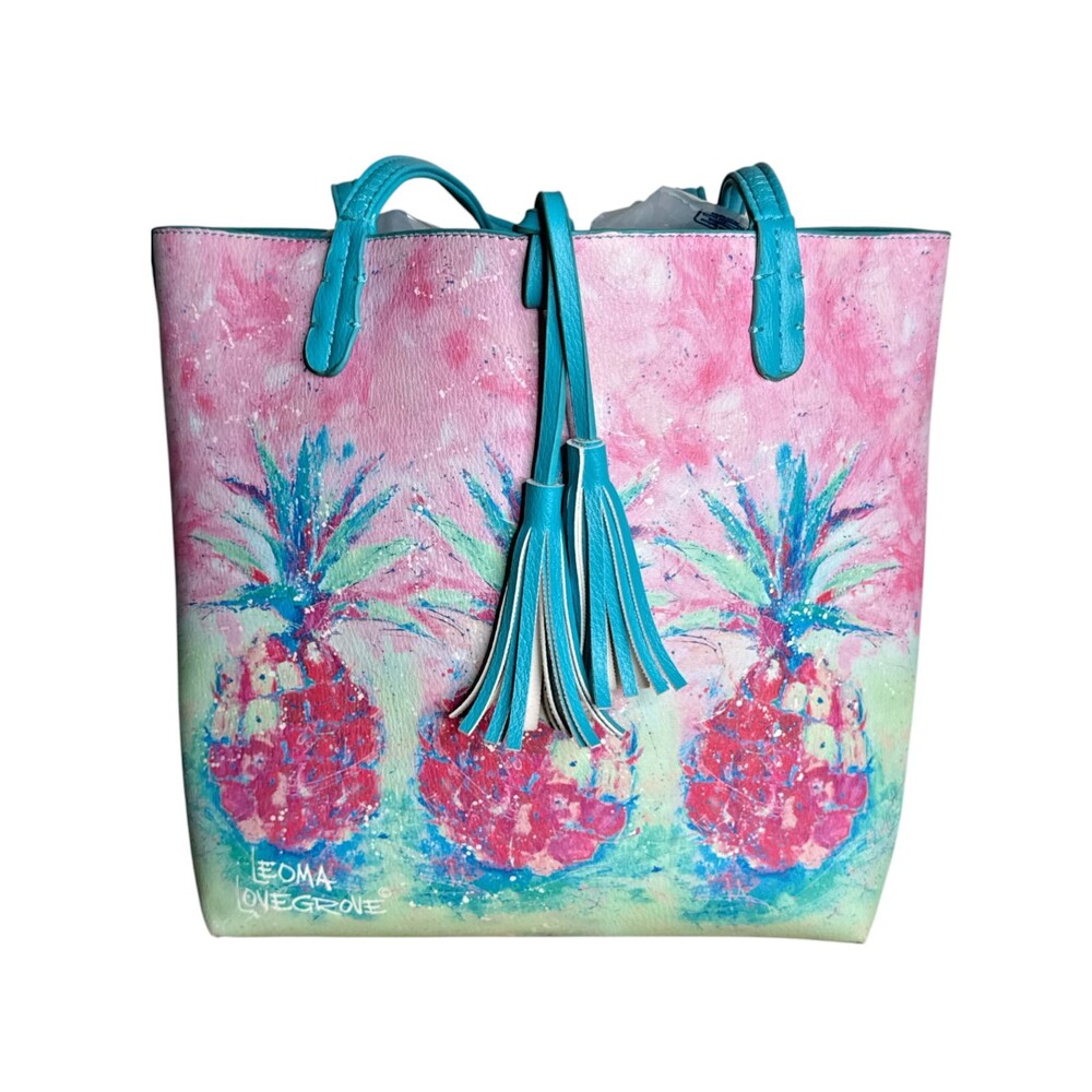 Leoma Lovegrove Pineapple Tote Bag Purse Tropical Pink Teal Tassel Florida Art
